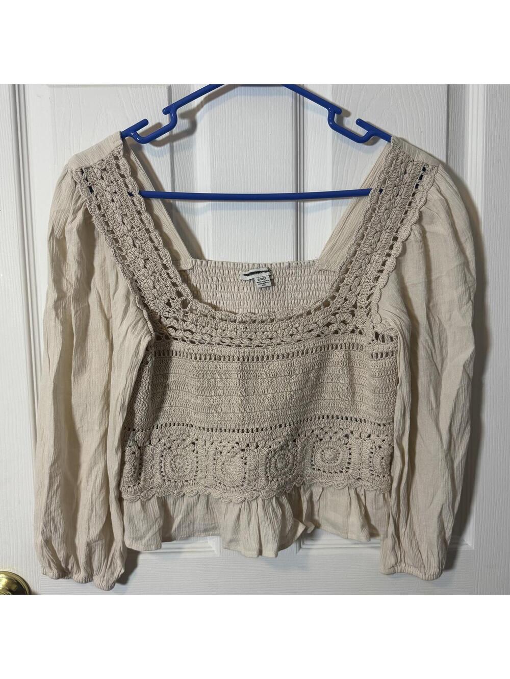 American Eagle Beige Crochet Long Sleeve Top Size S